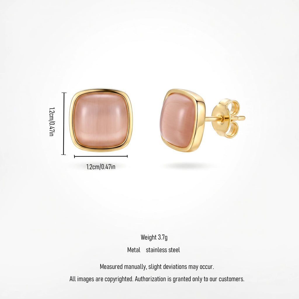 QIAOREN 13705-08 Square Cat Eye Stone Stud Earring Set, Multi Color Pink Blue Green White Smooth Cabochon Gem Gold Jewelry