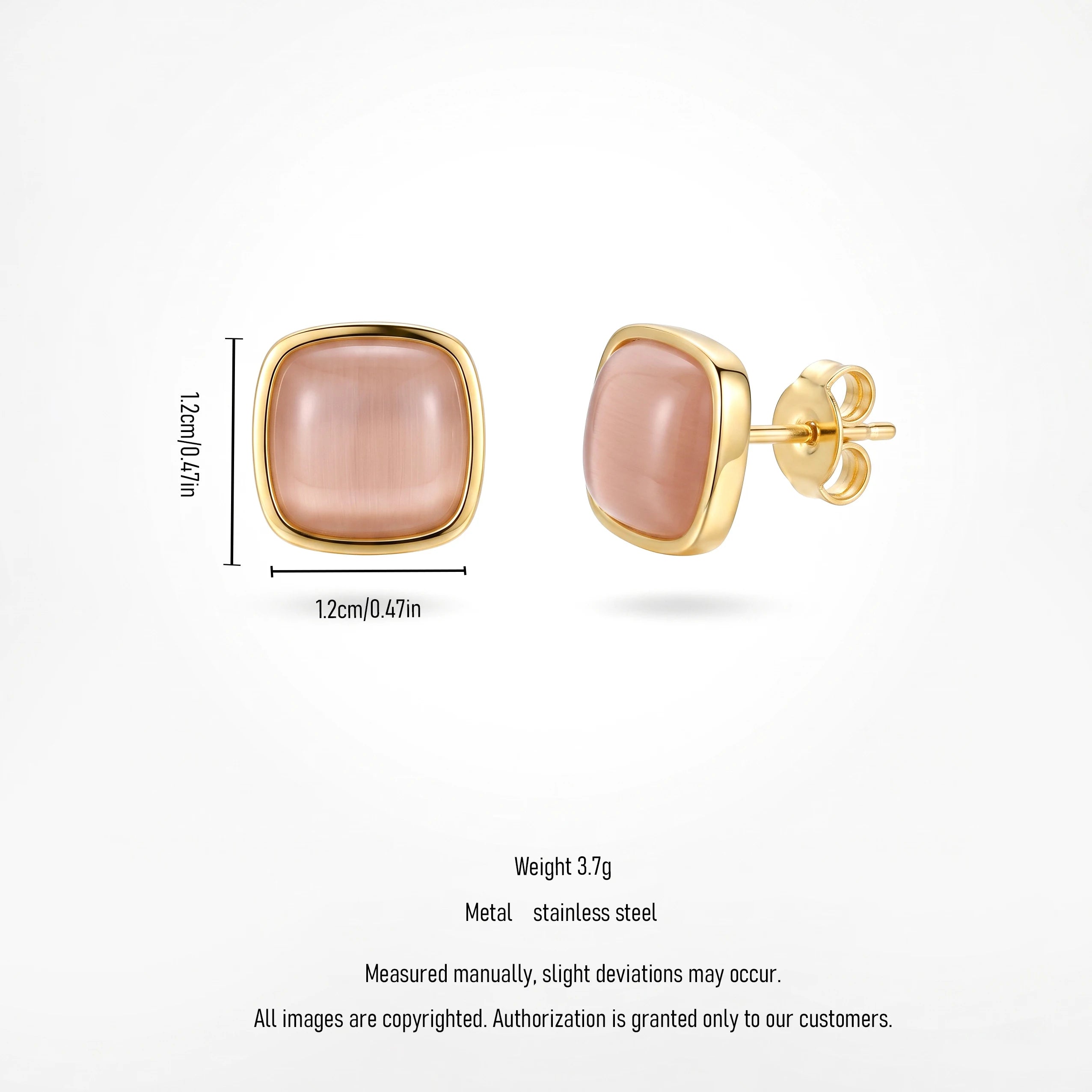 QIAOREN 13705-08 Square Cat Eye Stone Stud Earring Set, Multi Color Pink Blue Green White Smooth Cabochon Gem Gold Jewelry
