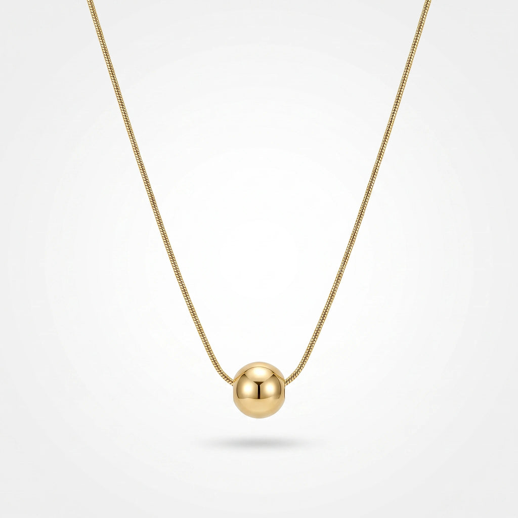 QIAOREN 13502 Minimalist Single Smooth Round Ball Pendant Necklace with Thin Snake Chain, Dainty Gold Slide Bead Necklace