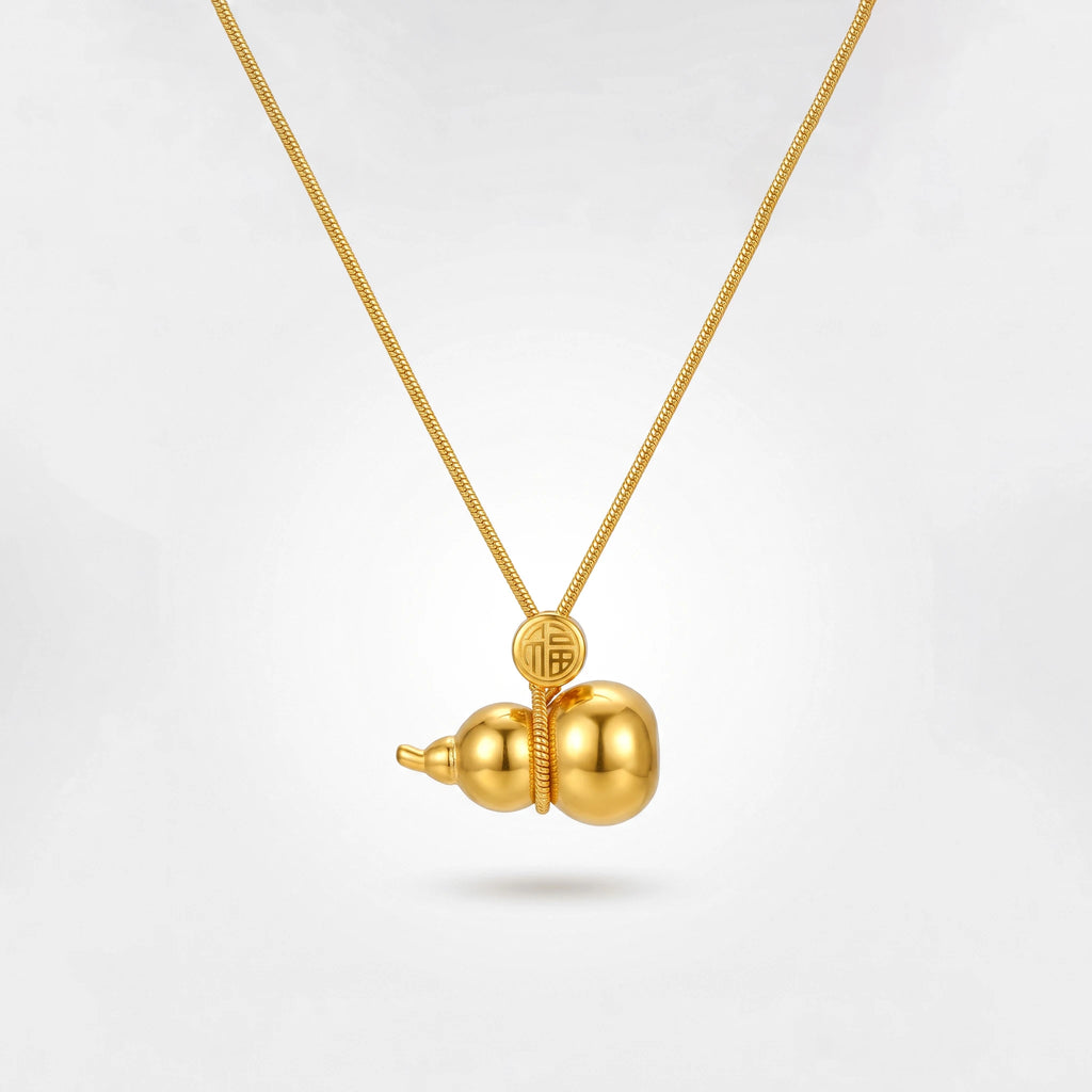 QIAOREN 13716 Snake Chain Pendant Necklace with Solid Gourd Charm Engraved Chinese Fu Character, Polished Gloss Gold