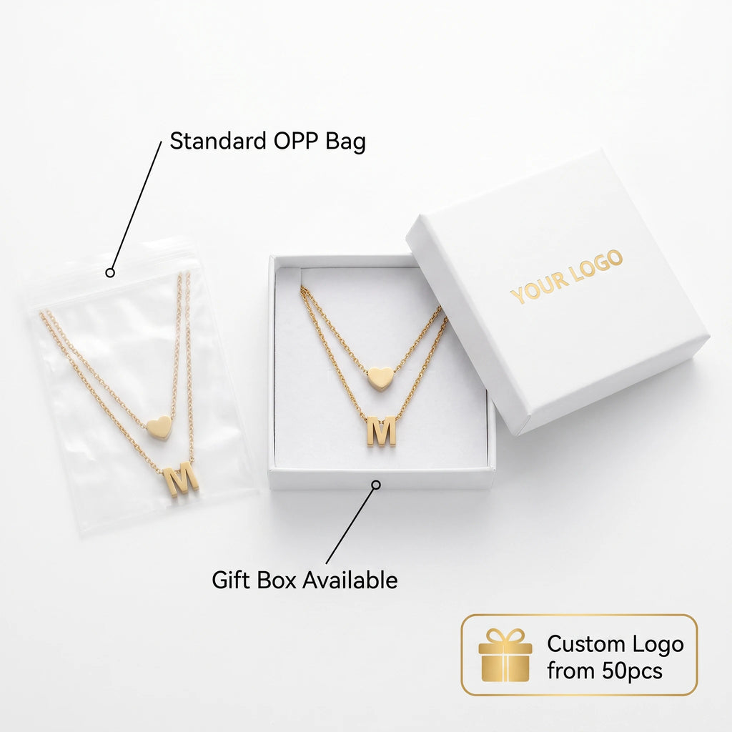 QIAOREN 14420 Layered Heart & Letter M Pendant Necklace, Stainless Steel Double Chain Necklace Jewelry Gift for Daily Outfits