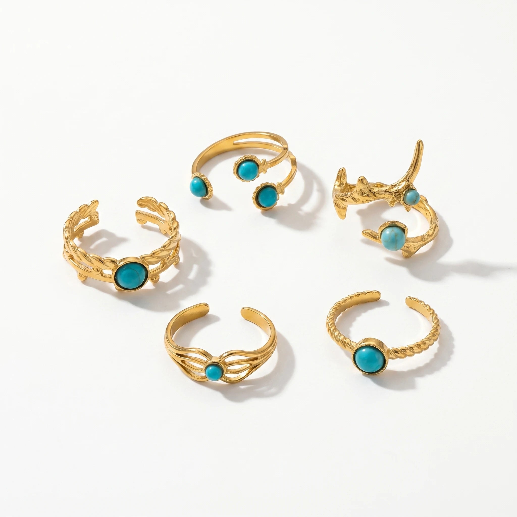 QIAOREN 18K Gold Stainless Steel Turquoise Open Ring Set, Waterproof Vintage Adjustable Boho Stackable Rings