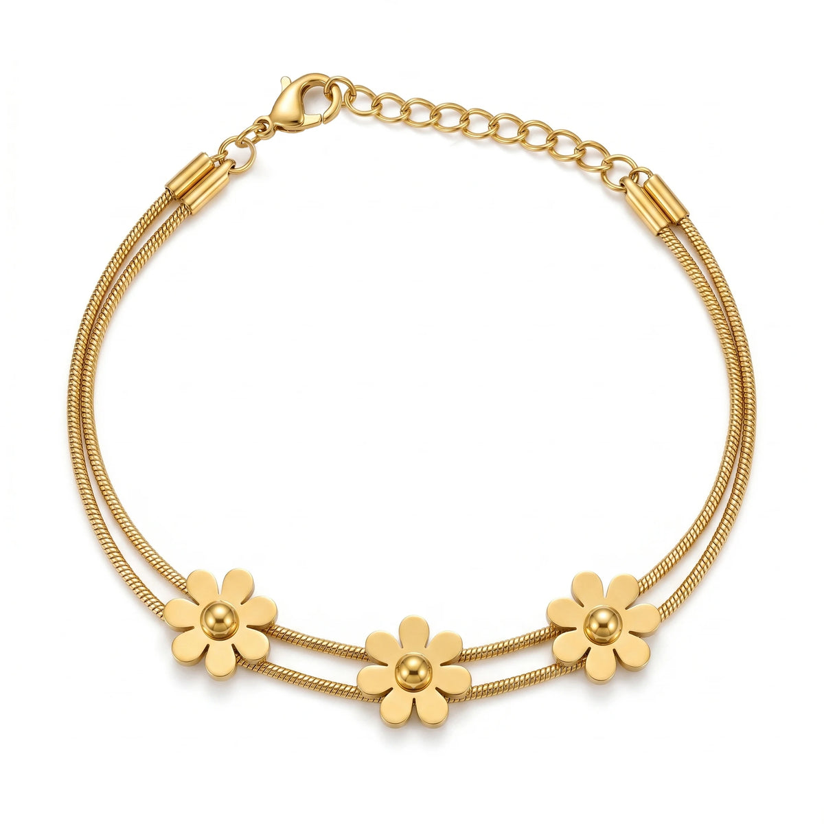 QIAOREN 11640 Dainty Gold Daisy Flower Jewelry Set 18K Stainless Steel Y Lariat Tassel Snake Chain Necklace Bracelet