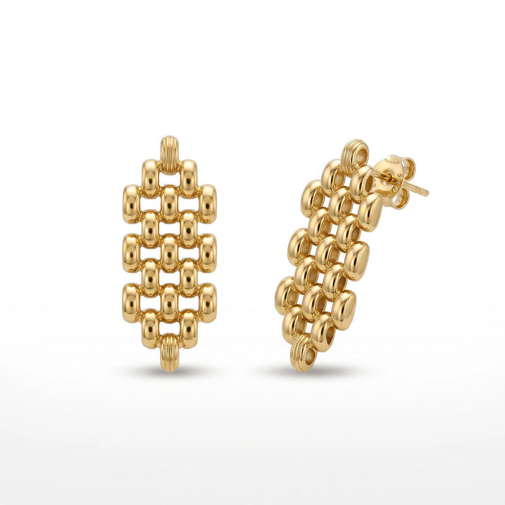 QIAOREN 14053 Polished Gold Rhombus Grid Beaded Stud Earrings, Oval Link Mesh Rectangle Frame Ear Stud Jewelry Gift