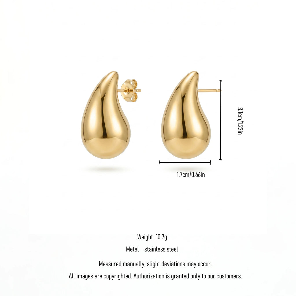 QIAOREN 12279 Waterproof Tarnish Free Puffy Teardrop Earrings Gold Stainless Steel Mirror Polish Smooth Waterdrop Studs US EU