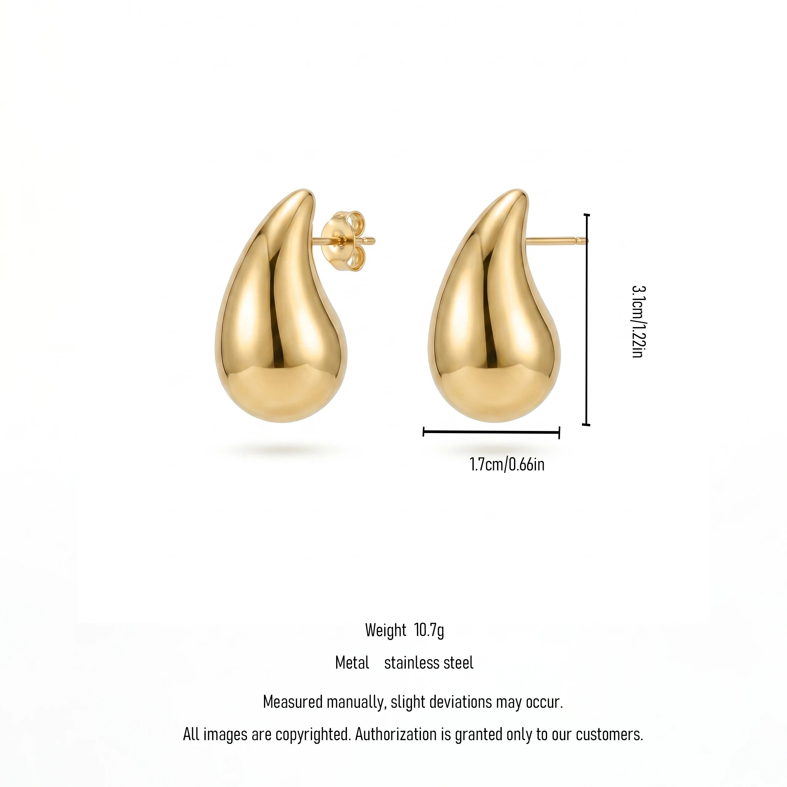 QIAOREN 12279 Waterproof Tarnish Free Puffy Teardrop Earrings Gold Stainless Steel Mirror Polish Smooth Waterdrop Studs US EU