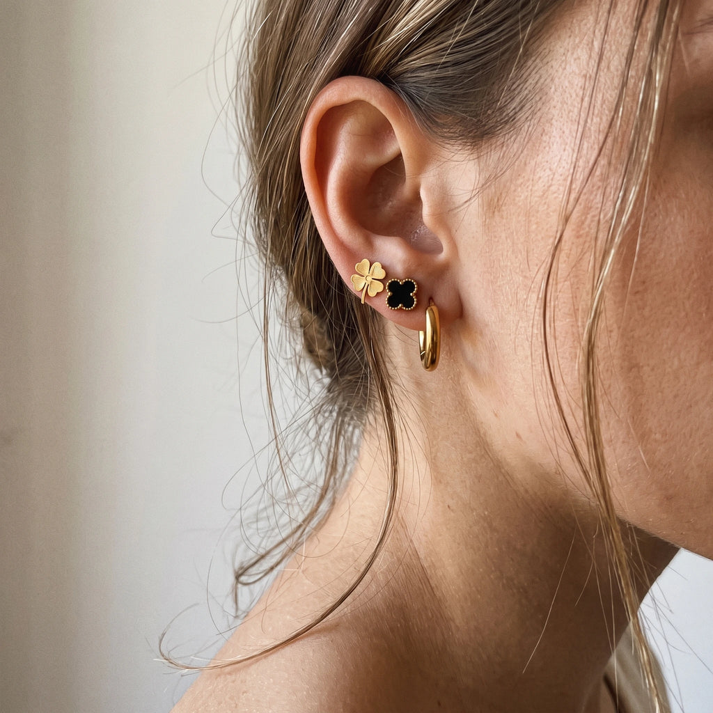 QIAOREN 14462 3 Pair Gold Stainless Steel Earrings Set, Textured Clover Studs, Black Enamel Clover Studs & Chunky Earrings