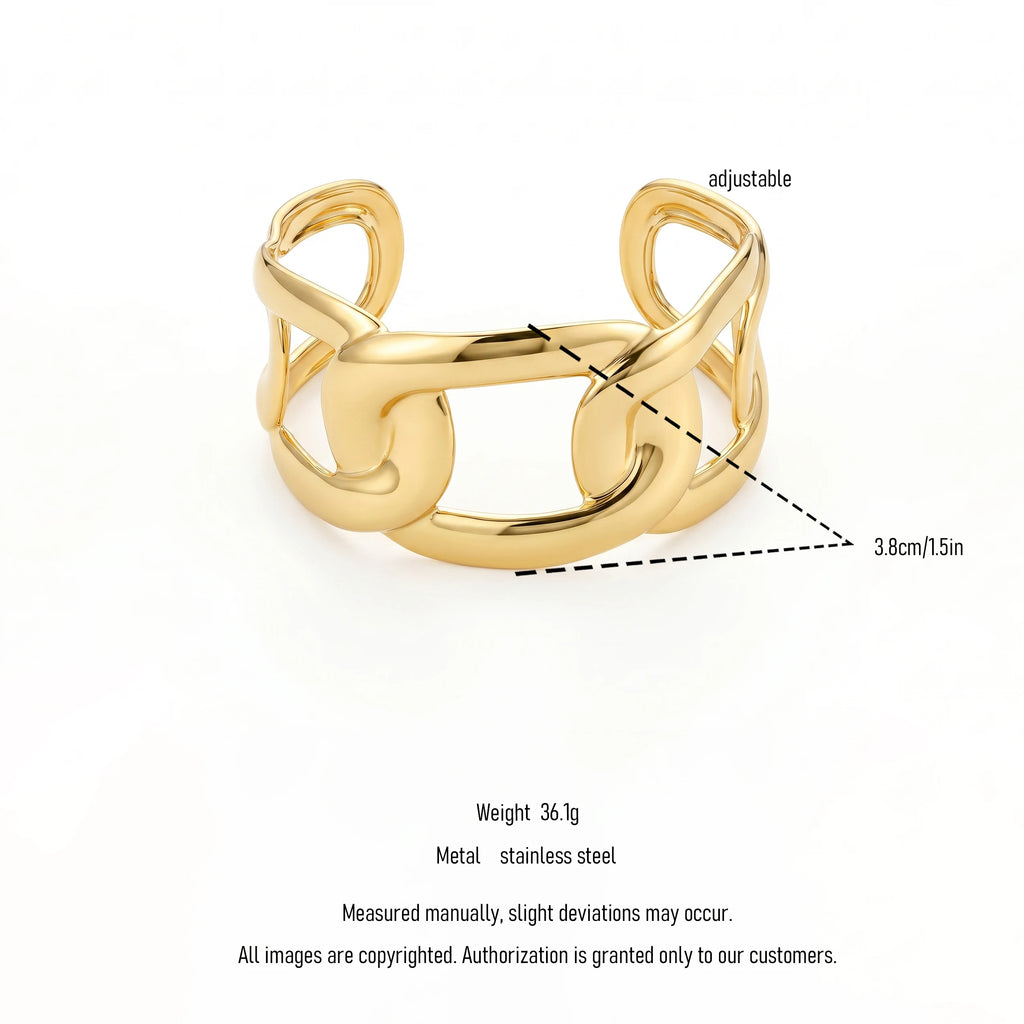 QIAOREN 12721 Modern Geometric Thick Intertwined Rectangular Link Wide Cuff Bangle Hypoallergenic Stainless Steel Gold Bracelet