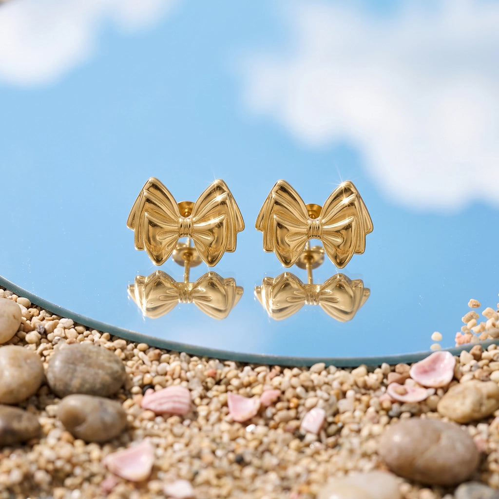 QIAOREN 14051 Polished Gold Double Layer Bow Knot Stud Earrings, 3D Stacked Ribbon Bow Ear Stud Jewelry Gift