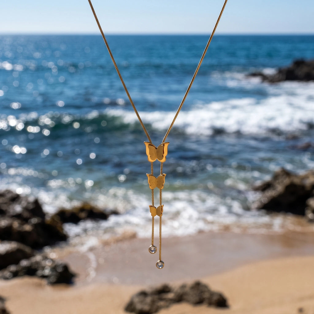QIAOREN 13983 Smooth Snake Chain Y Drop Lariat Necklace with Three Graduated Matte Butterfly Charms & Two Round Bezel Set CZ