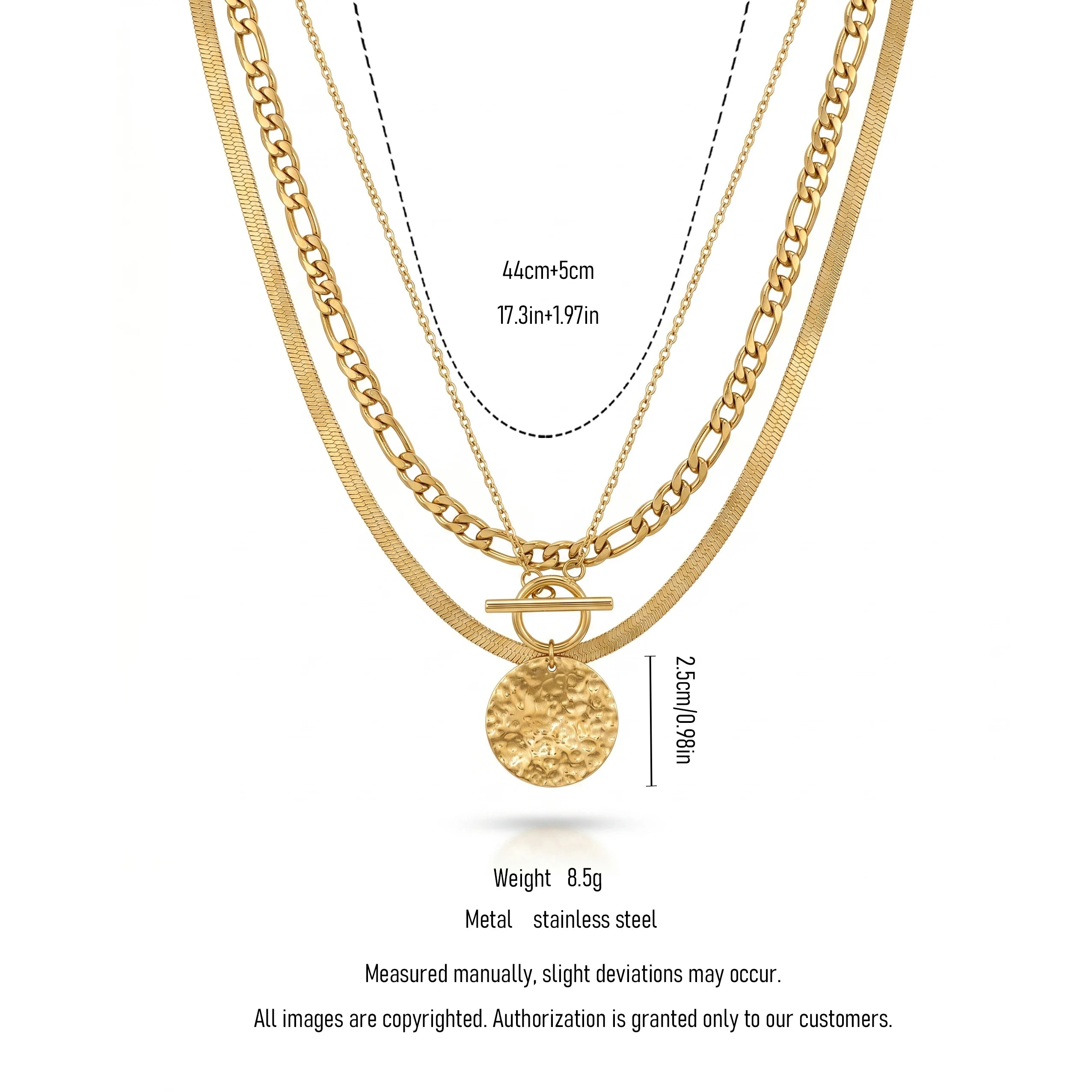 QIAOREN 11595 Tarnish Free 18K Gold Stainless Steel Layered Necklace Hammered Disc Pendant Toggle Clasp Figaro Snake Chain