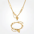 QIAOREN 10812 Stainless Steel Paperclip Chain Jewelry Set Heart Pendant Necklace Bracelet Adjustable Gold Women Matching Gift