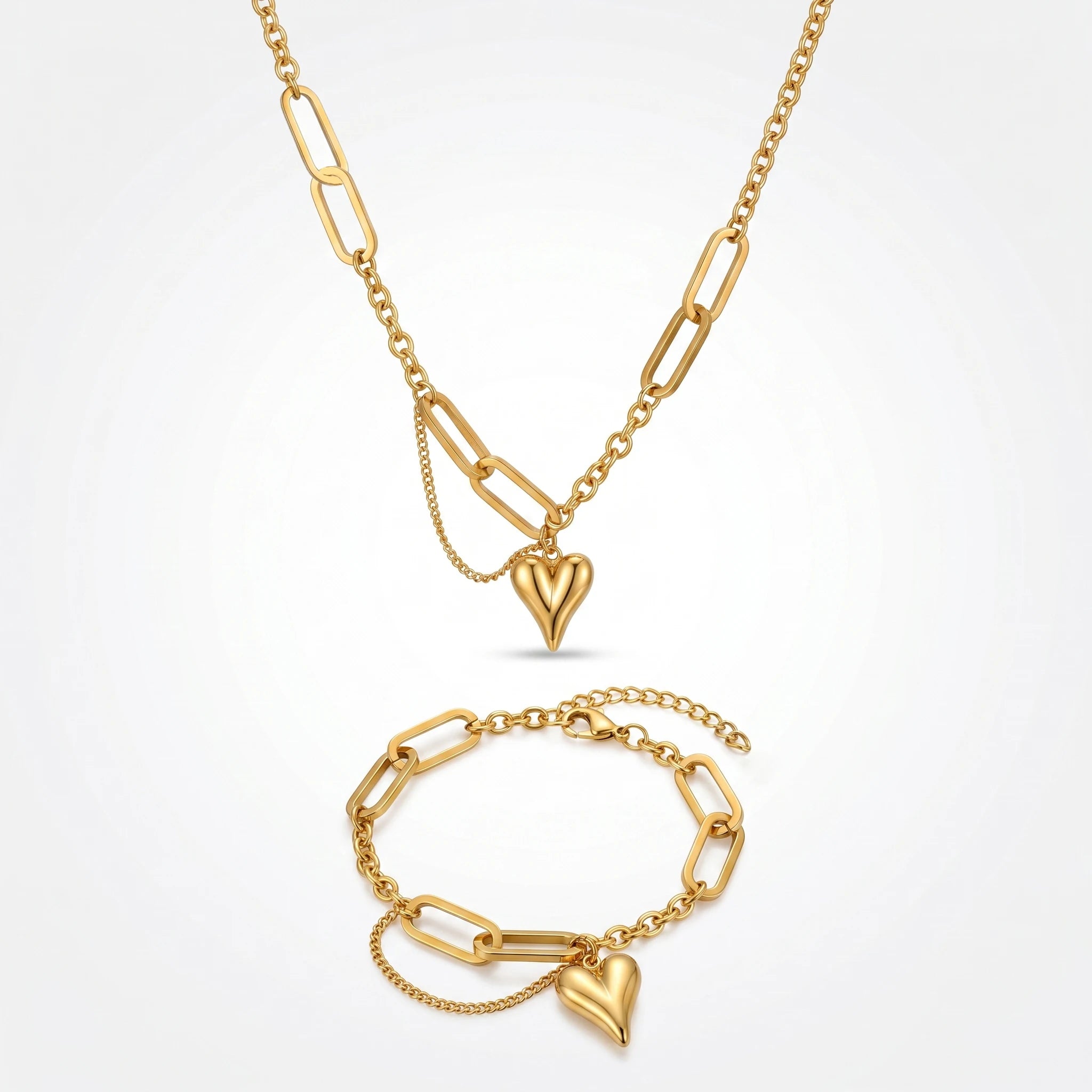 QIAOREN 10812 Stainless Steel Paperclip Chain Jewelry Set Heart Pendant Necklace Bracelet Adjustable Gold Women Matching Gift