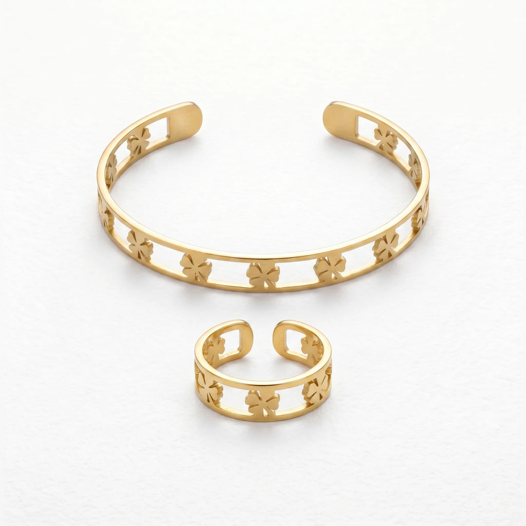 QIAOREN 10915 18K Gold Plated Clover Cuff Bracelet & Ring Set Trendy Stainless Steel Hypoallergenic Waterproof Jewelry for Women