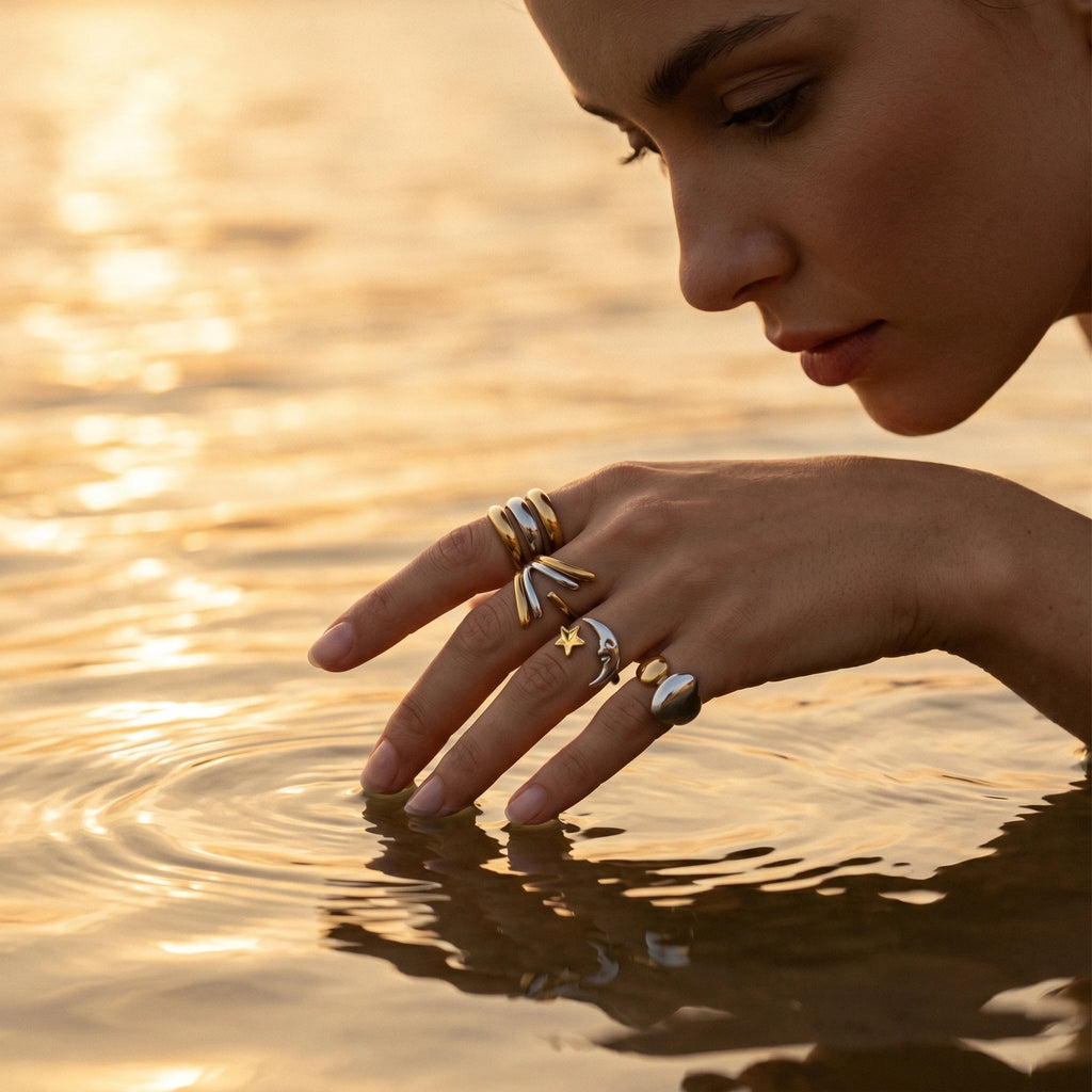 QIAOREN 12968-73 18K Gold Plated 316L Stainless Steel Two Tone Snake Star Adjustable Rings Set Tarnish Free Waterproof Jewelry