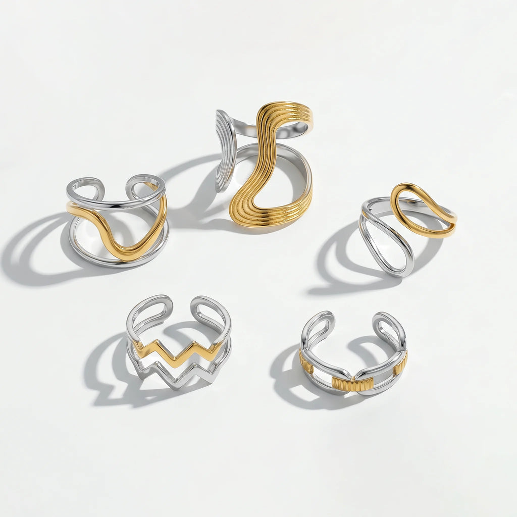 QIAOREN 12954-58 Gold Plated Stainless Steel Two Tone Snake Star Adjustable Rings Set Tarnish Free Waterproof Jewelry