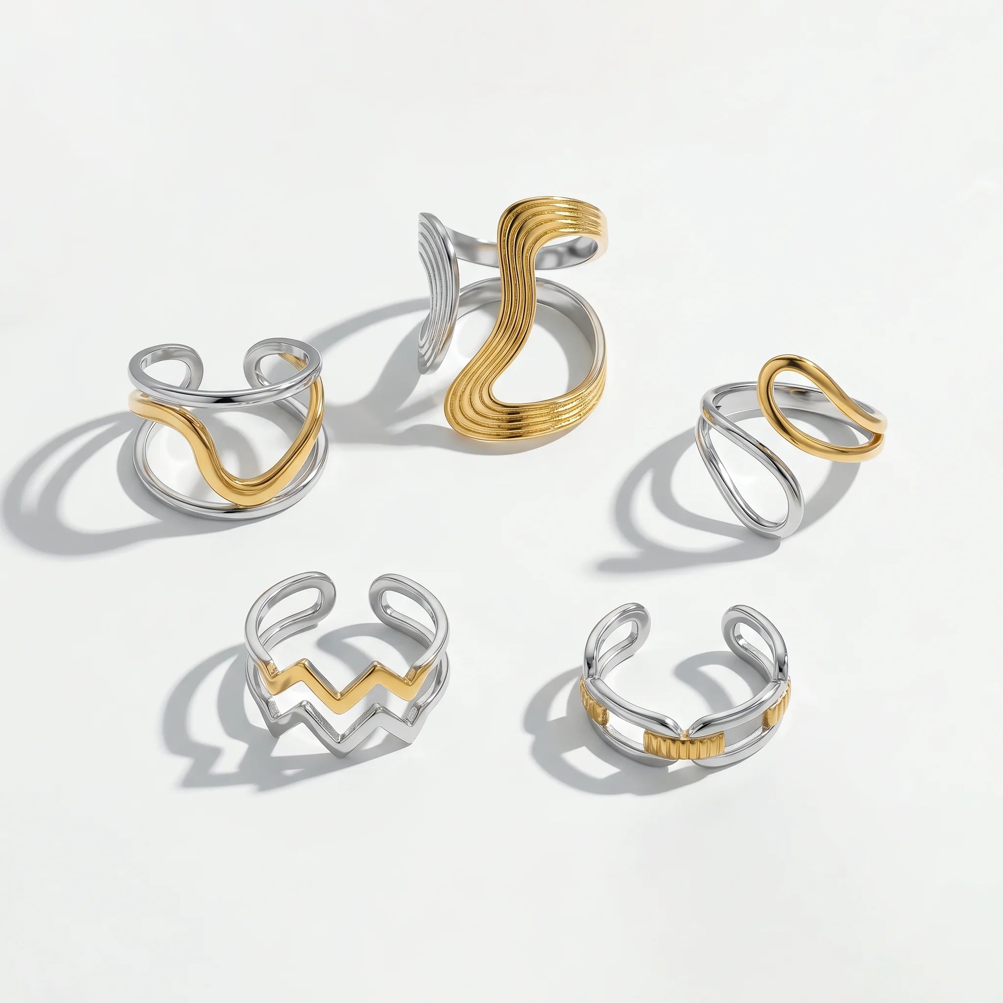 QIAOREN 12954-58 Gold Plated Stainless Steel Two Tone Snake Star Adjustable Rings Set Tarnish Free Waterproof Jewelry