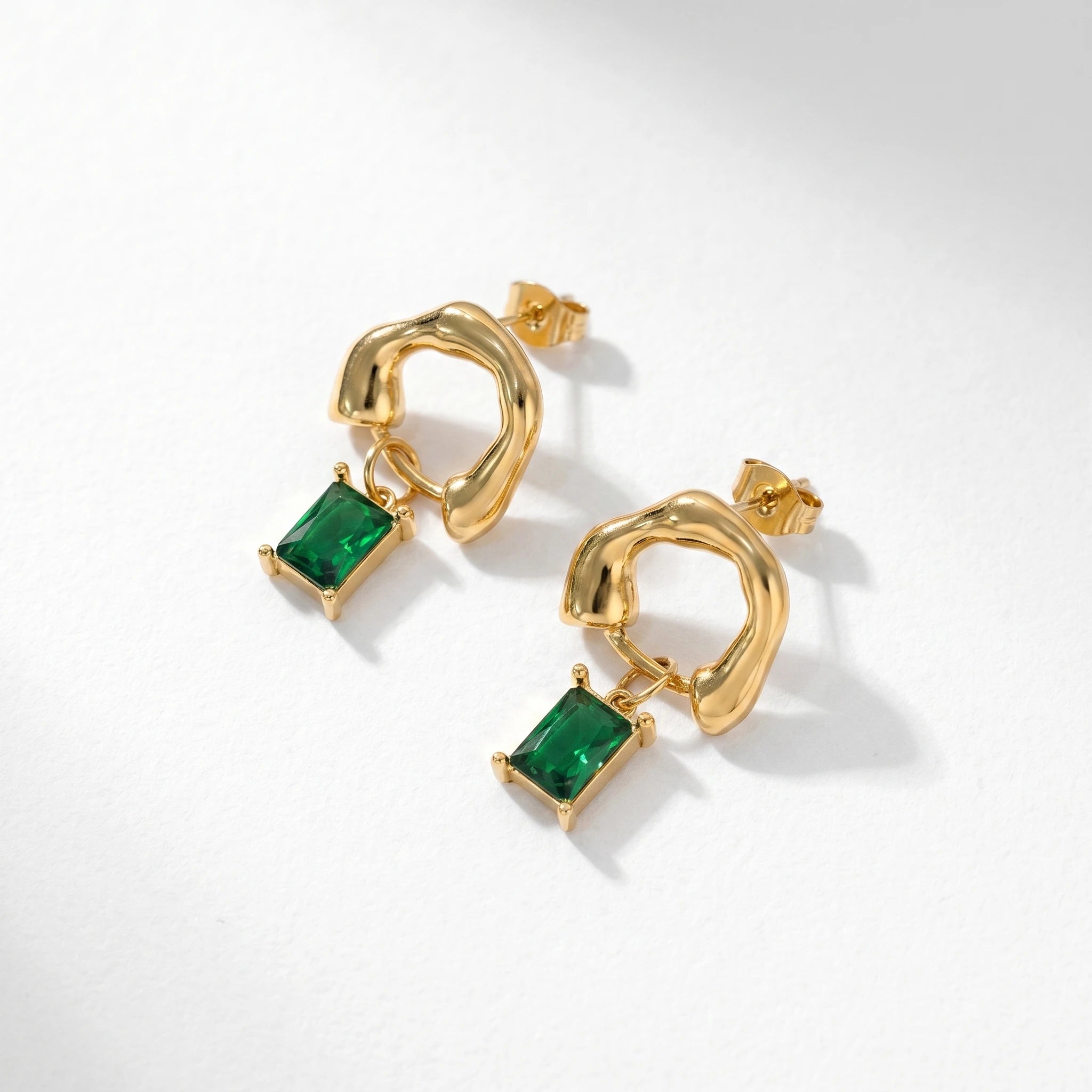 QIAOREN 12429 Organic Geometric Emerald Green Zircon Rectangle Pendant Gold Stainless Steel Statement Earrings