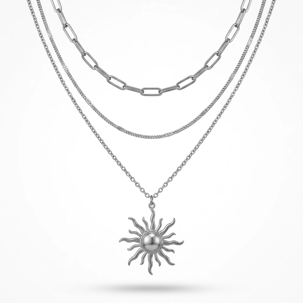 QIAOREN 10666 Ladies' Stainless Steel Necklace Pendant Gold-Plated Trendy Sun Pattern Multi-layer Geometric Link Design Inspired