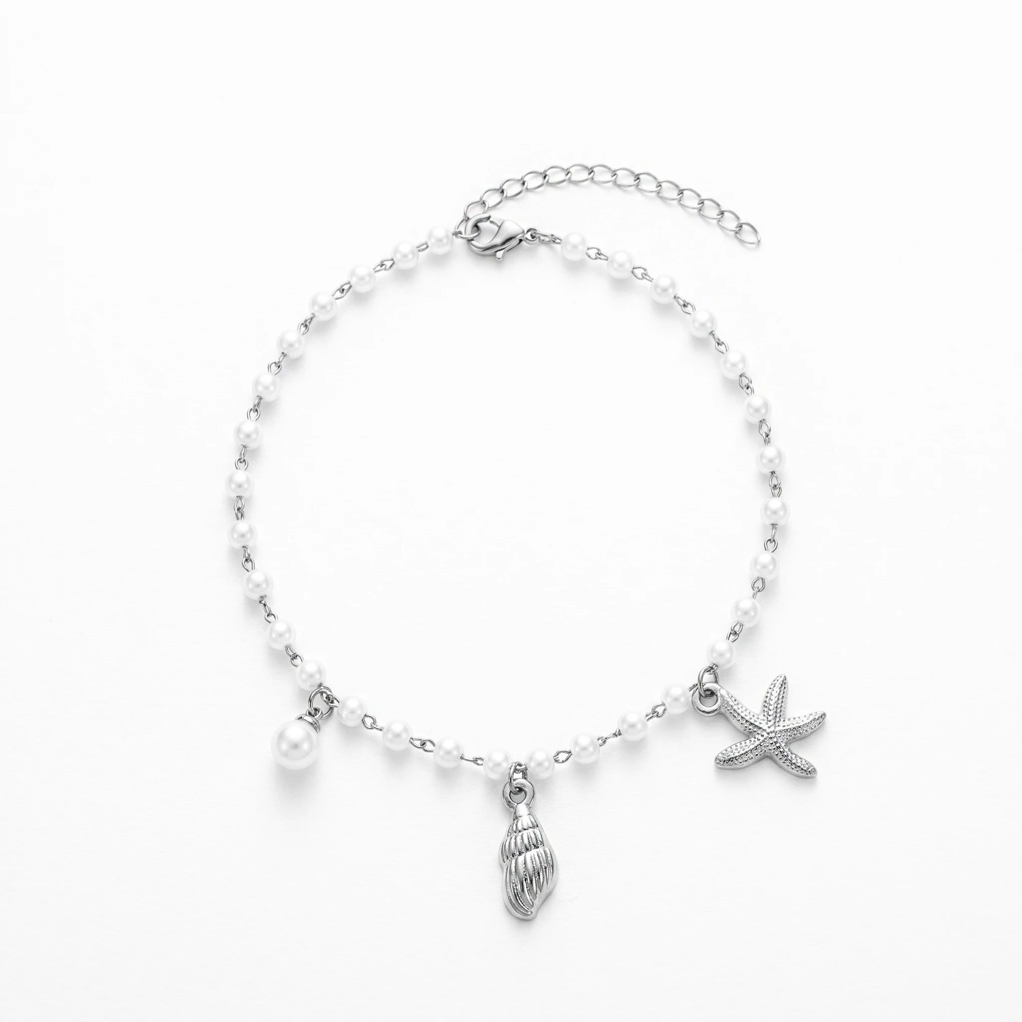 QIAOREN 10588 Starfish Seashell Pearl Trendy Party Anklet 18K Gold Plated Stainless Steel Waterproof Beach Jewelry for Women