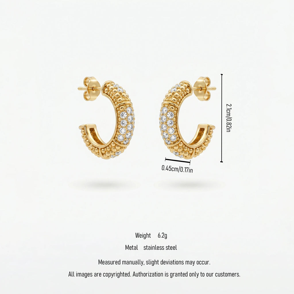 QIAOREN 12452  Gold Paved CZ Half Hoop Earrings Stainless Steel Beaded Textured Huggie Hoops Hypoallergenic Sparkly Jewelry