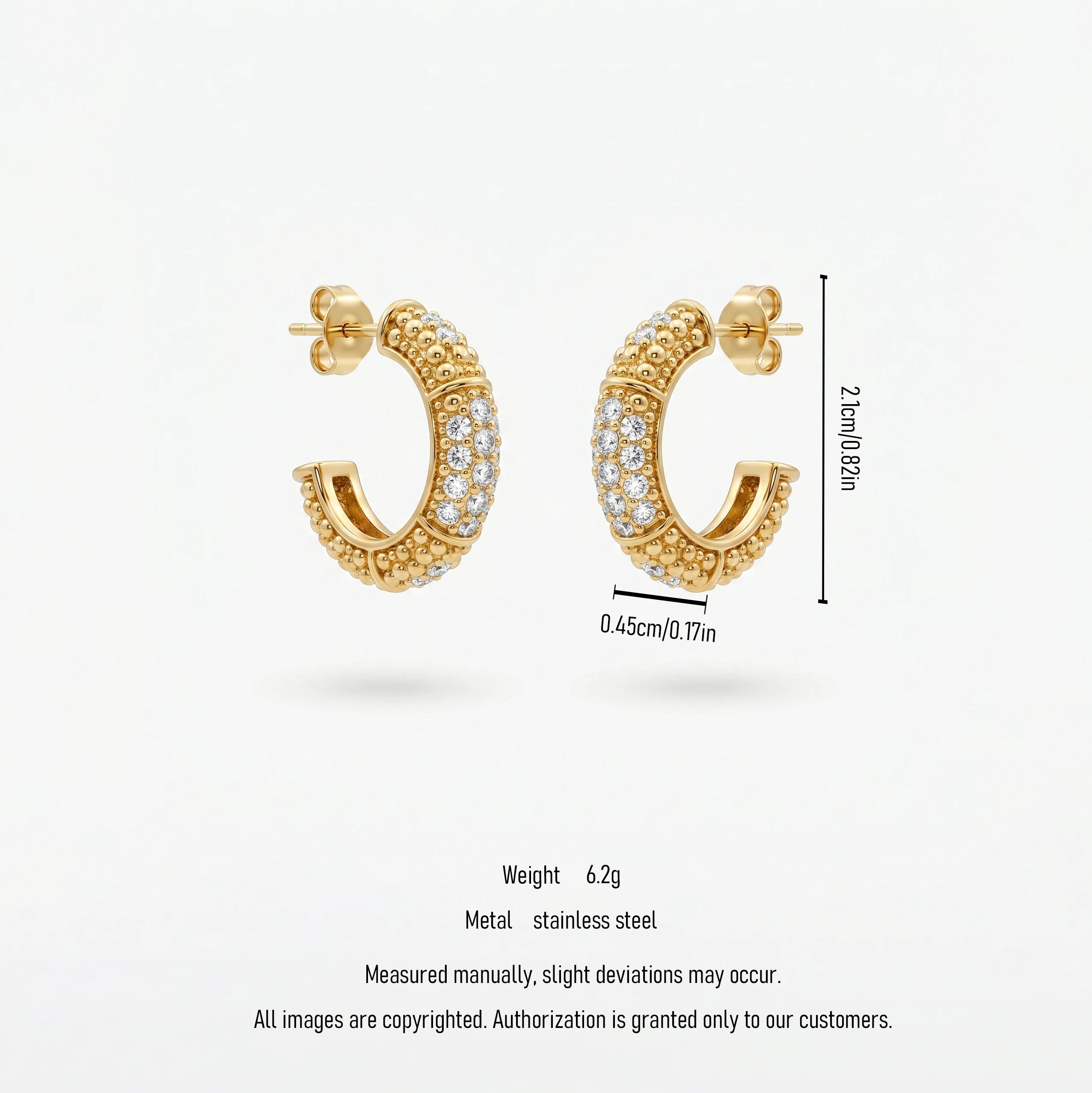 QIAOREN 12452  Gold Paved CZ Half Hoop Earrings Stainless Steel Beaded Textured Huggie Hoops Hypoallergenic Sparkly Jewelry