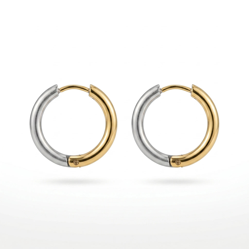 QIAOREN 12757 Trend Two Tone Split Circle Earrings Stainless Steel Silver Gold Chunky Huggie Hoop Stack Accessory