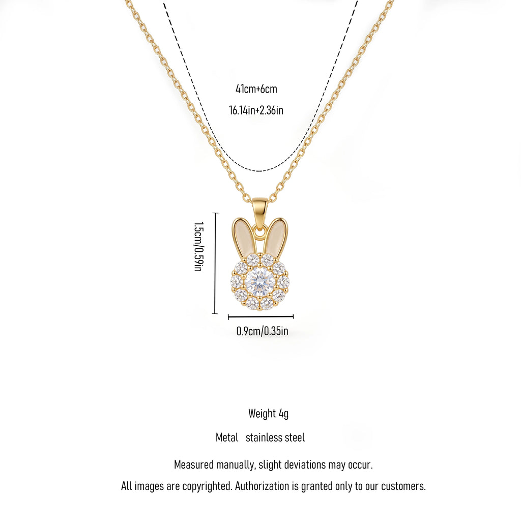 QIAOREN 14007 Thin Cable Chain Pendant Necklace with Enamel Ear Bunny Charm Paved Round Clear CZ Stones