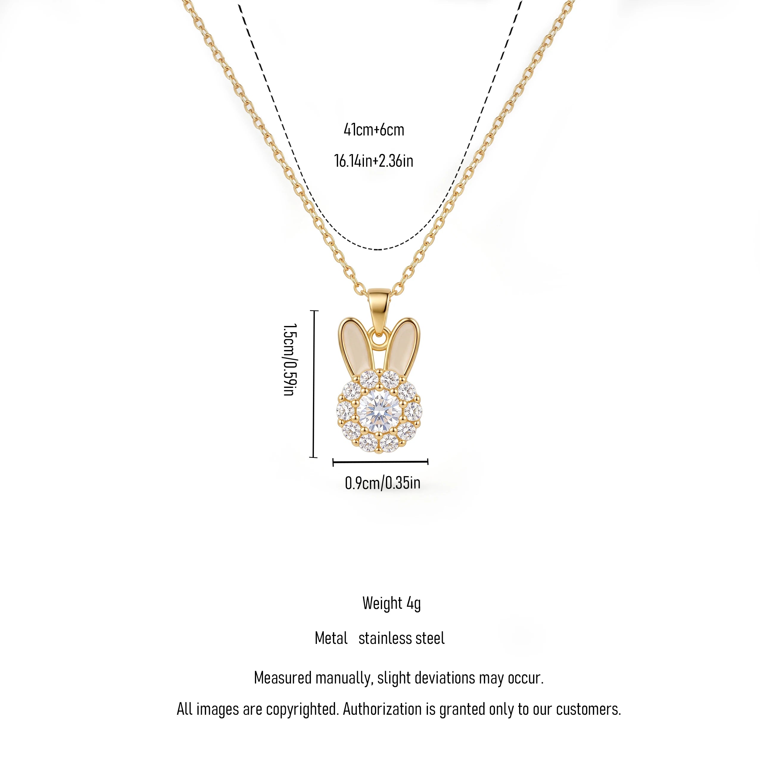 QIAOREN 14007 Thin Cable Chain Pendant Necklace with Enamel Ear Bunny Charm Paved Round Clear CZ Stones
