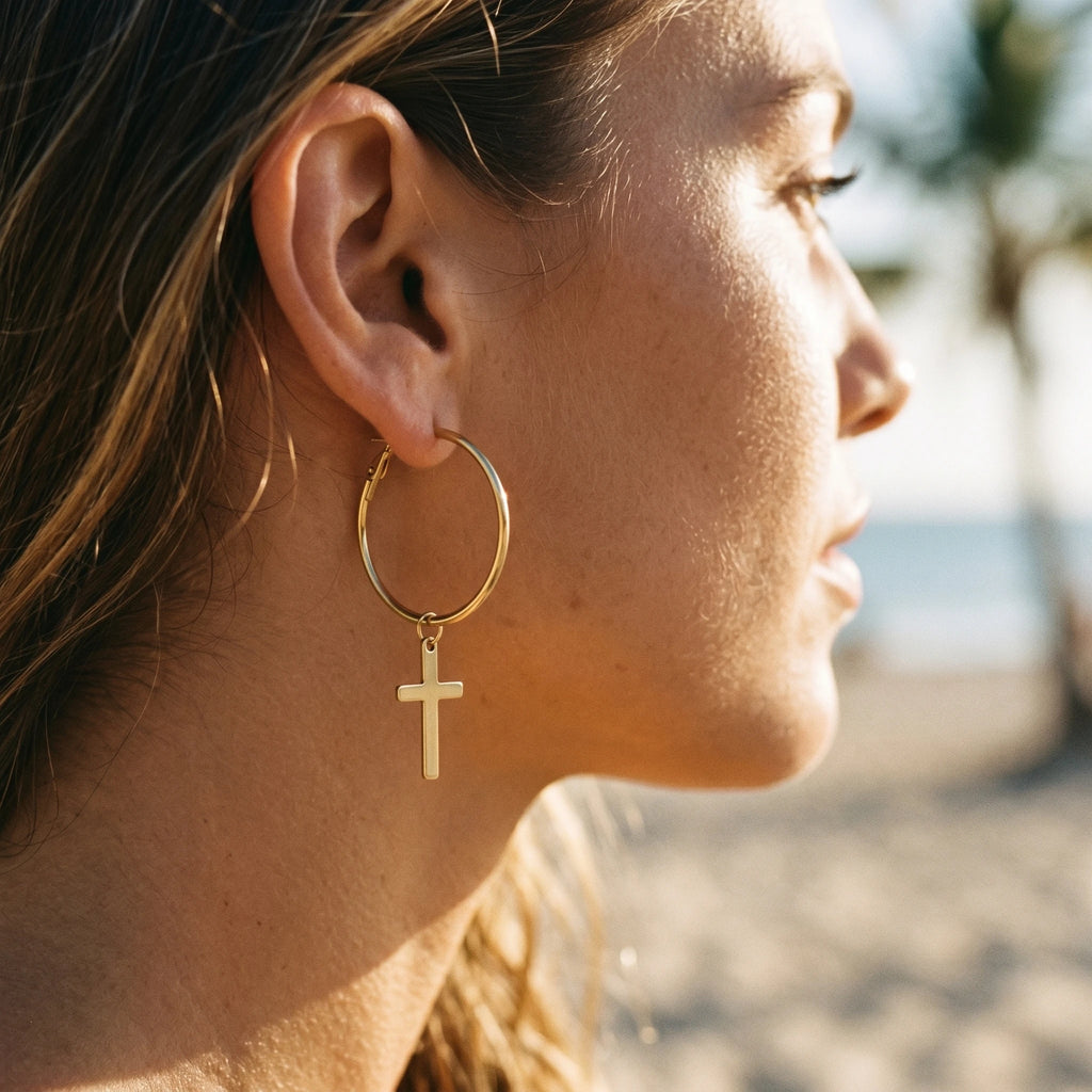 QIAOREN 10907 Women's Boho Style Cross Charm Hoop Earrings 18K Gold Plated Stainless Steel 0.3mm Thickness Beach Vacation Summer