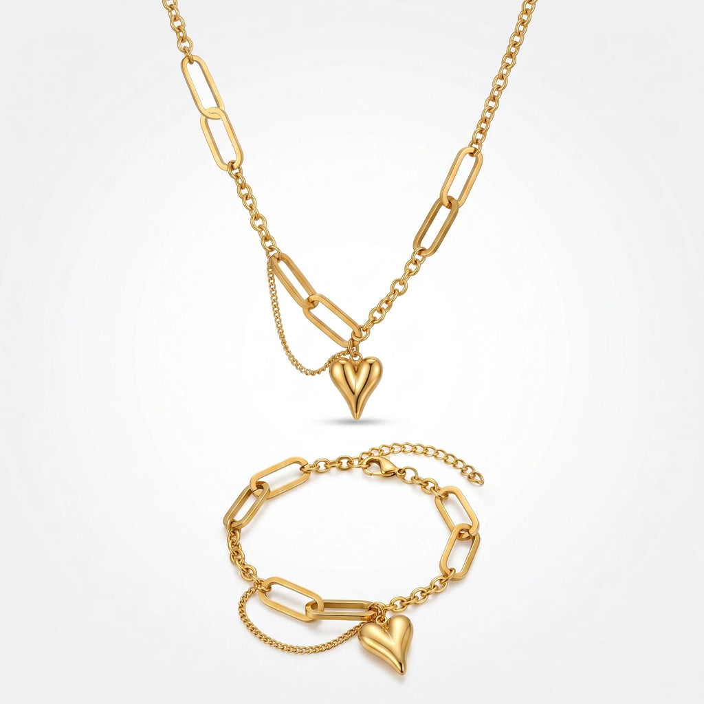 QIAOREN 10812 Stainless Steel Paperclip Chain Jewelry Set Heart Pendant Necklace Bracelet Adjustable Gold Women Matching Gift