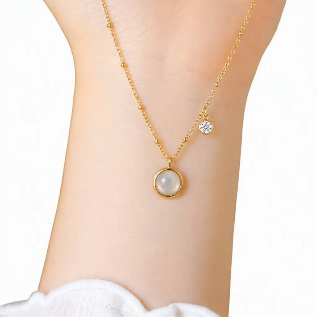 QIAOREN 13537 Dainty Chain Necklace with Round White Cat Eye & Tiny Zircon Dual Charms Necklace