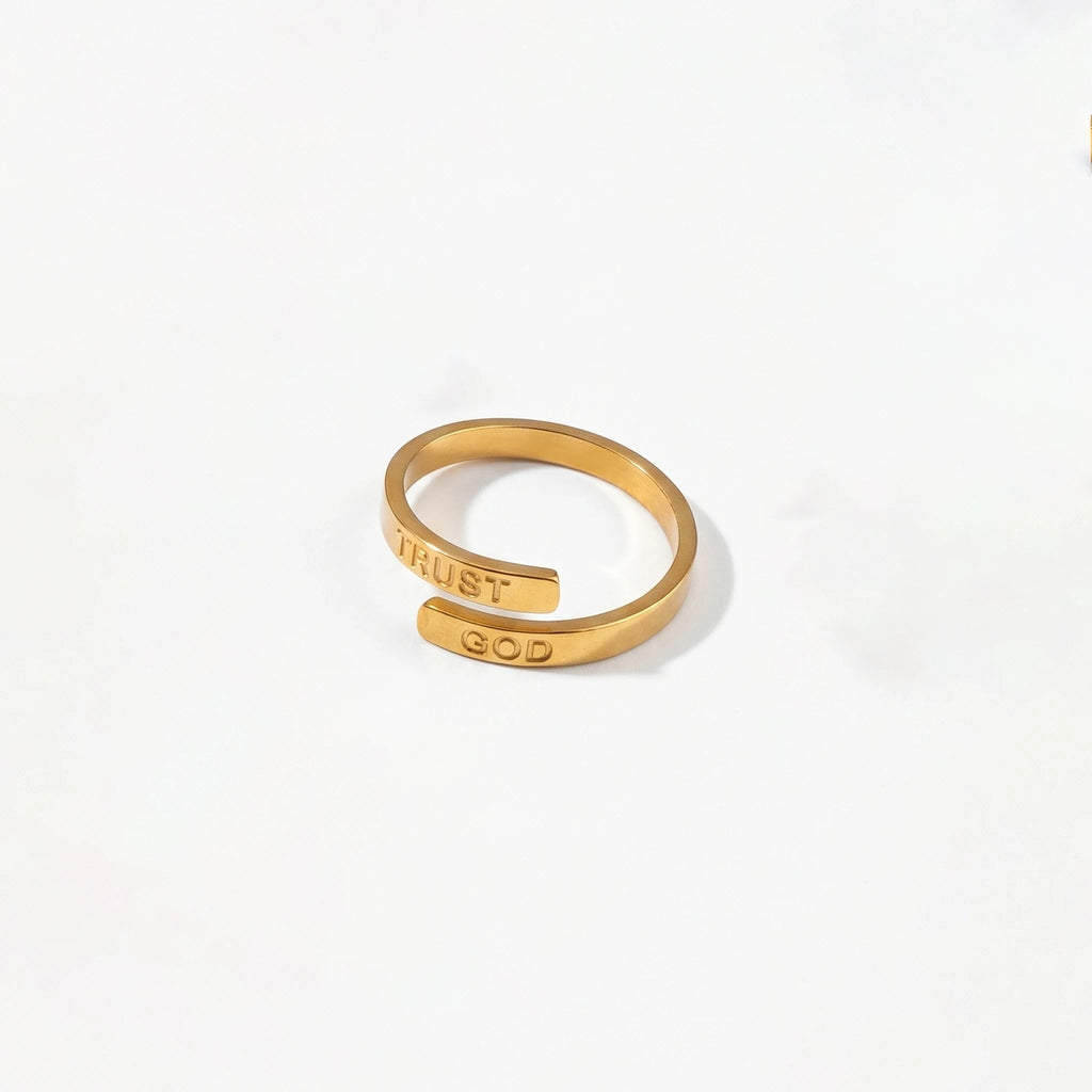 QIAOREN 10708 TRUST GOD Engraved Gold Ring Set - 5Pcs Hypoallergenic Stainless Steel Open Rings