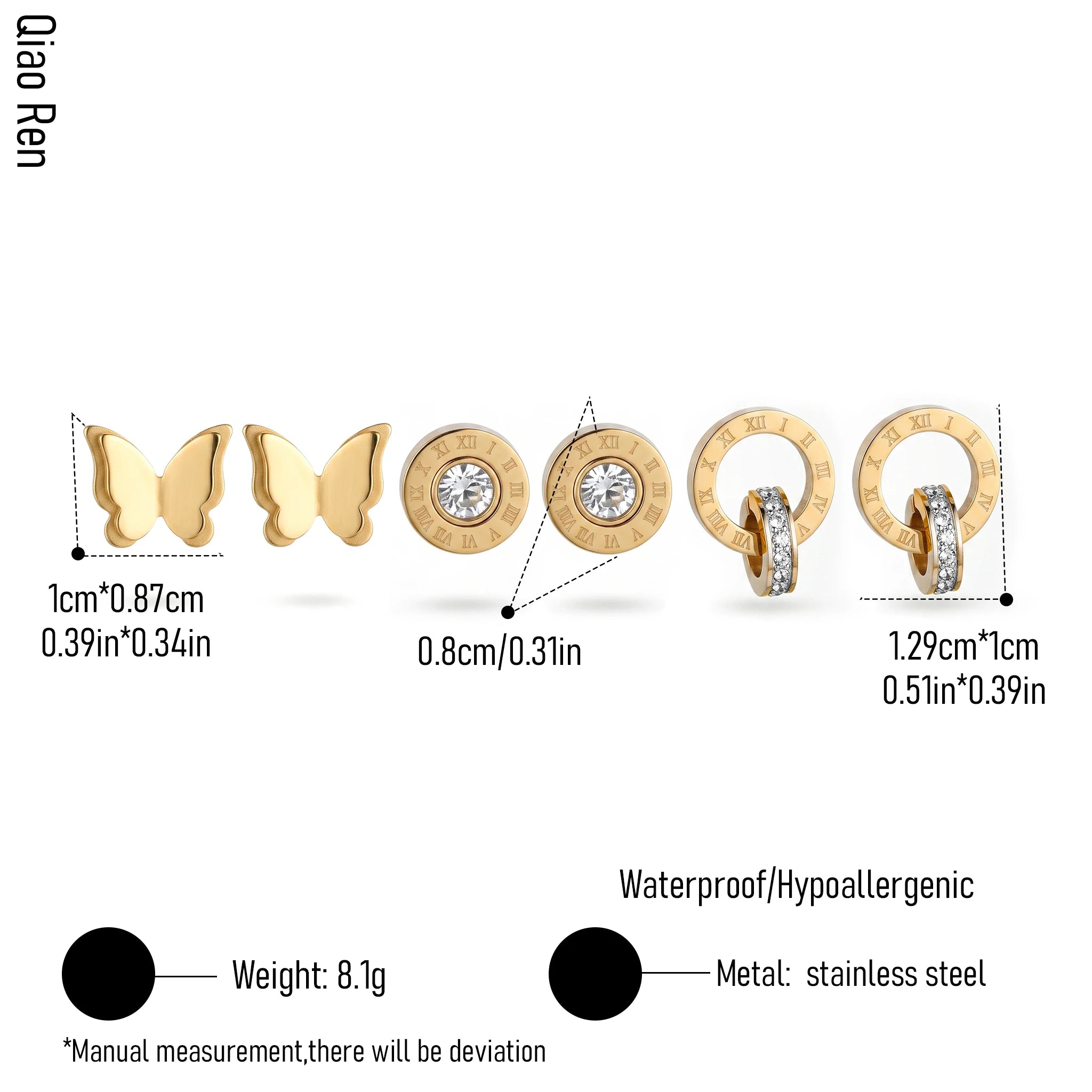 QIAOREN 14446 3 Pairs Gold Tone Stainless Steel Ear Studs Butterfly & Roman Numeral CZ Stud Earrings Set Jewelry Gift