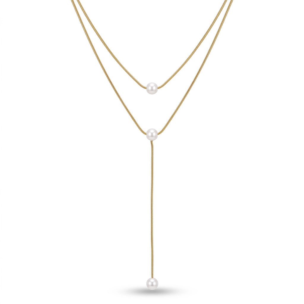QIAOREN 13507 Double Layer Y Drop Pearl Pendant Necklace with Thin Snake Chain, Three Dangle Round Shell Pearl Charms Necklace