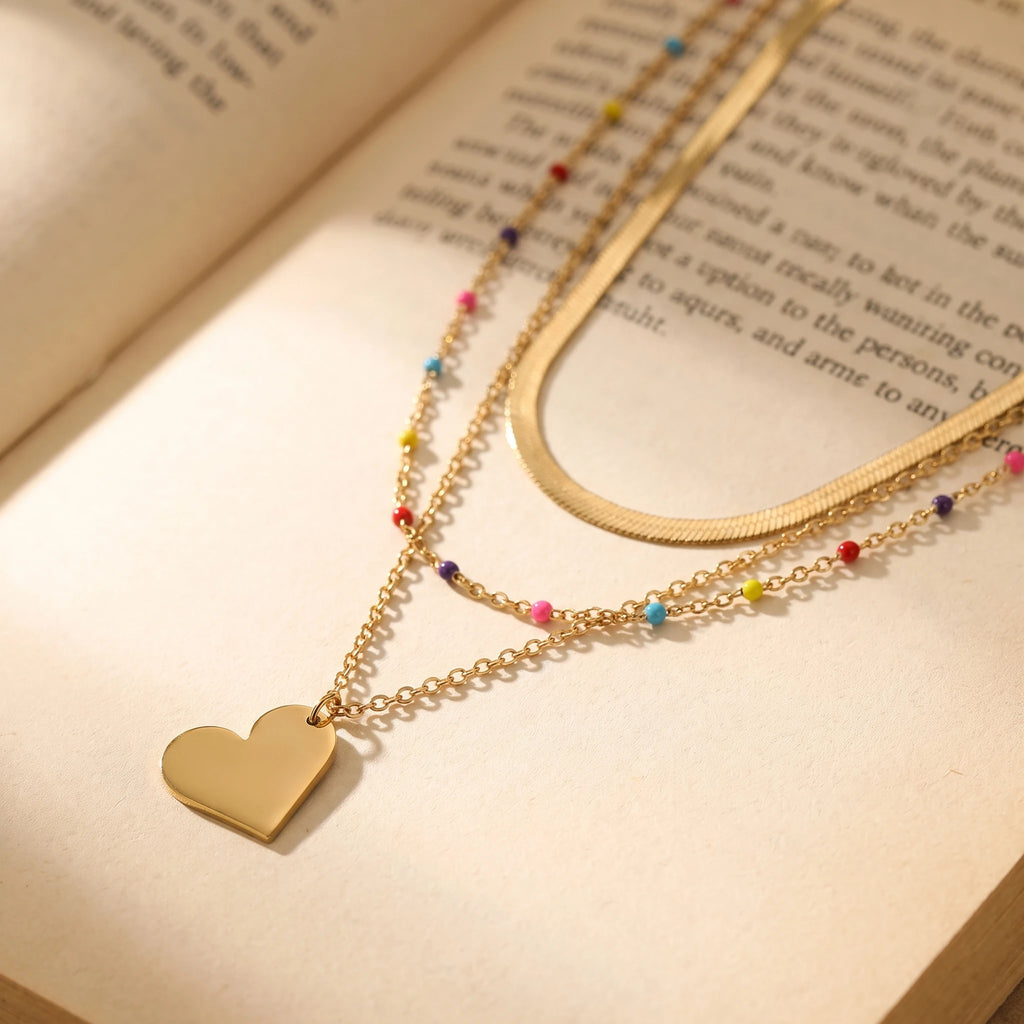 QIAOREN 14414 Layered Herringbone Colorful Bead Heart Pendant Necklace, Stainless Steel Multi Layer Chain Necklace Jewelry Gift