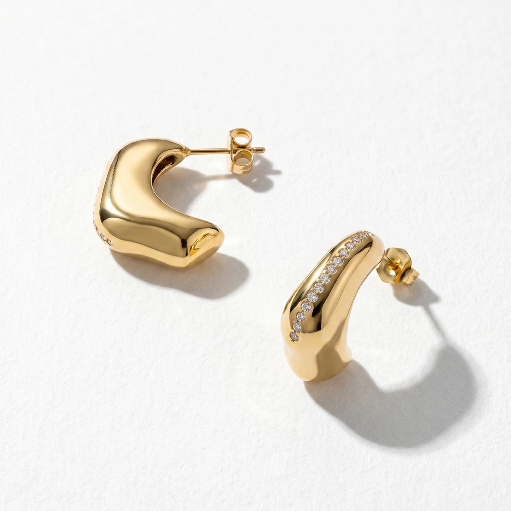 QIAOREN 12514 Bold Puffy C Hoop Earrings Gold Stainless Steel Pave Zircon Stripe Chunky Studs Jewelry US EU