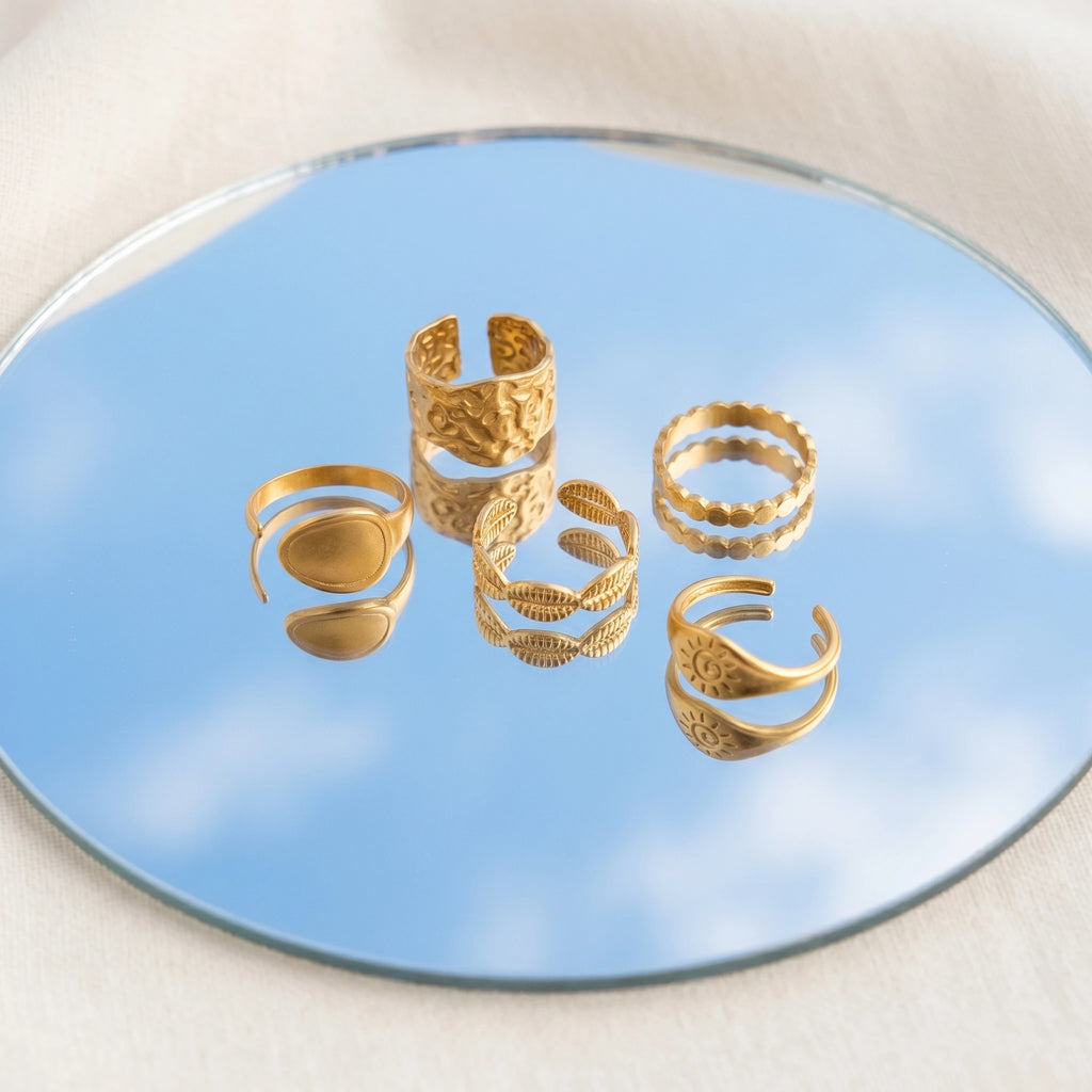 QIAOREN Stainless Steel 5Pcs Stackable Ring Set PVD Gold Plated Adjustable Open Jewelry for Women