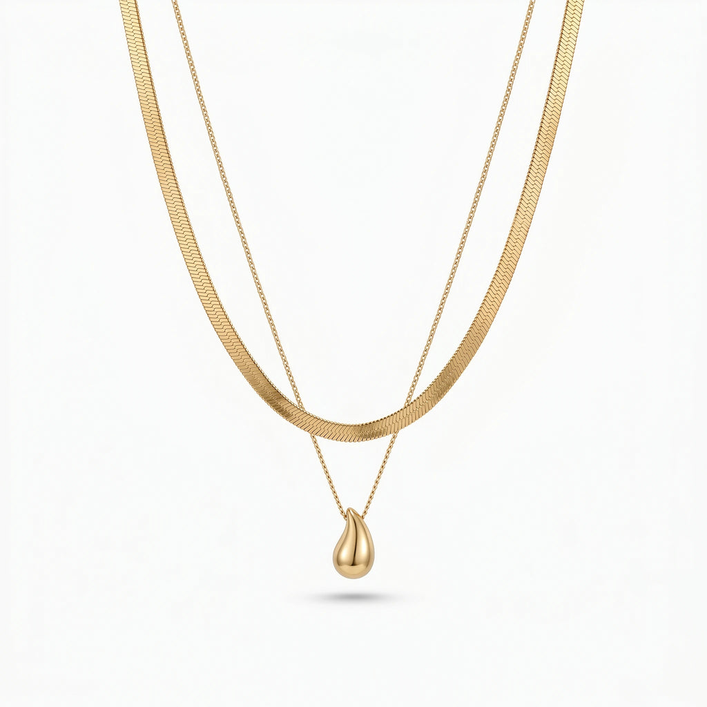 QIOAREN 12882 18K Gold Plated Herringbone Snake Chain Layered Necklace, Waterproof Tarnish Free Teardrop Pendant Stainless Steel