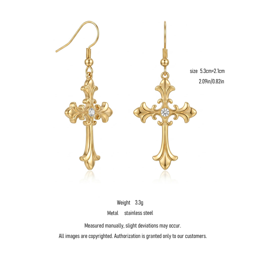 QIAOREN 10829 18K Gold Plated Stainless Steel Ornate Cross Earrings with CZ for Women