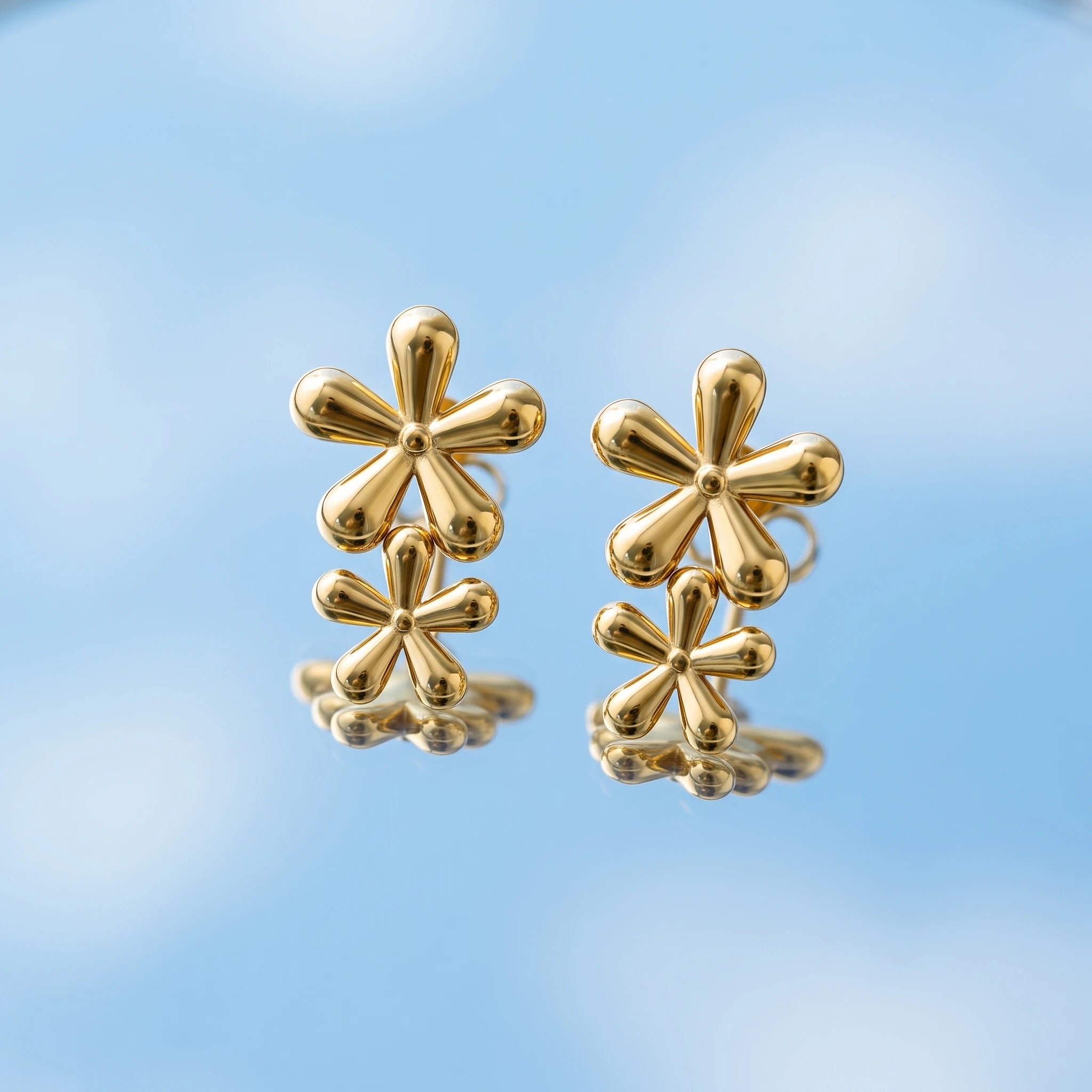 QIAOREN 14031 Polished Gold Double Five Petal Flower Drop Stud Earrings, Vertical Stacked Floral Ear Stud Jewelry Gift