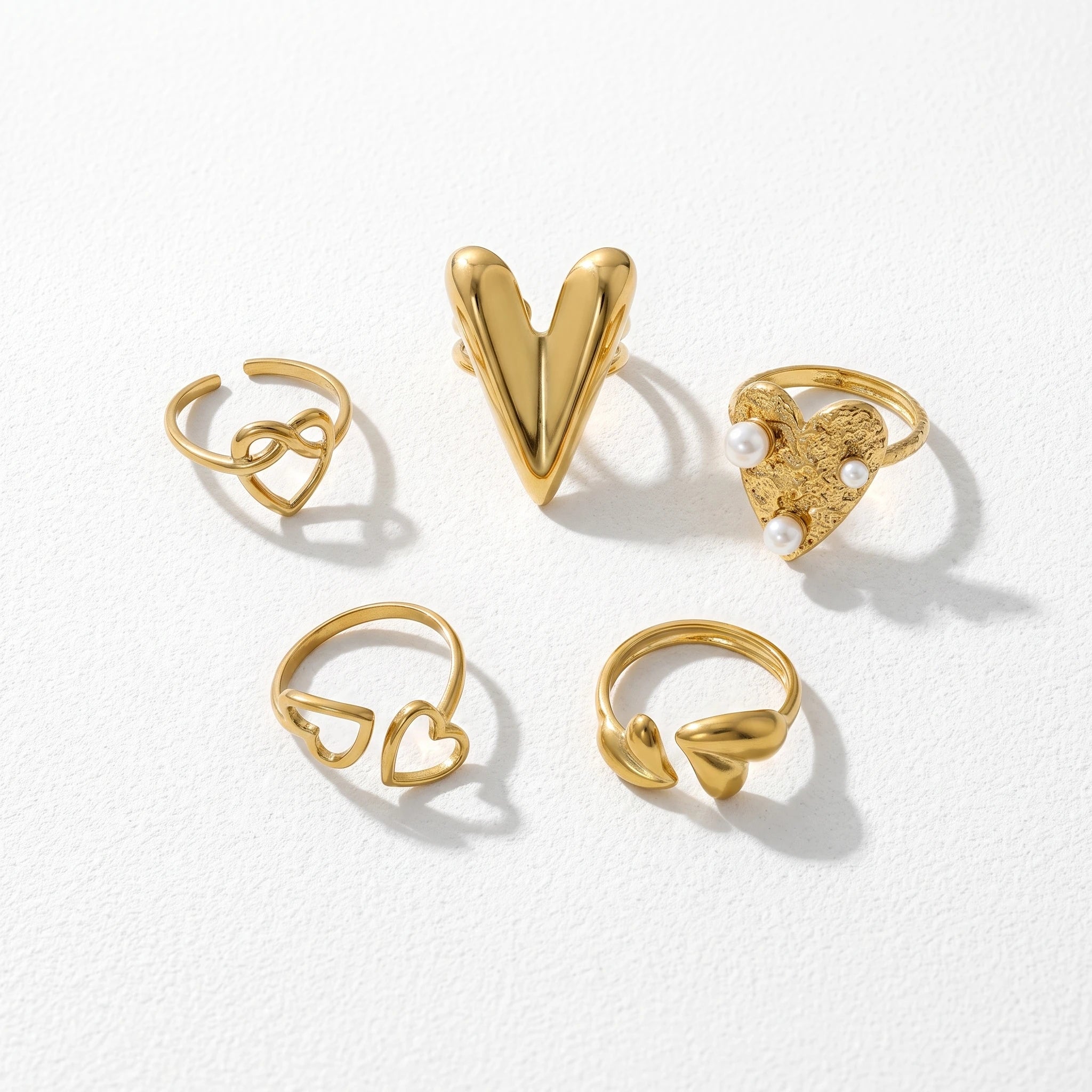 QIAOREN 14149-57 Heart Theme Stackable Open Ring Set, Multi Styles Love Shape Adjustable Ring Jewelry Gift for Daily Outfits