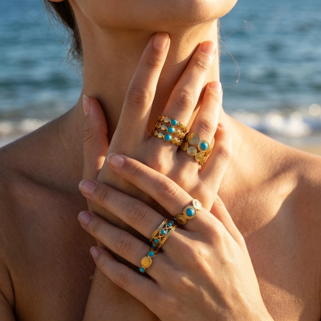 QIAOREN 13181-85 5Pcs Gold Stainless Steel Turquoise Open Ring Set Irregular Hammered Crown Adjustable Boho Stackable Rings