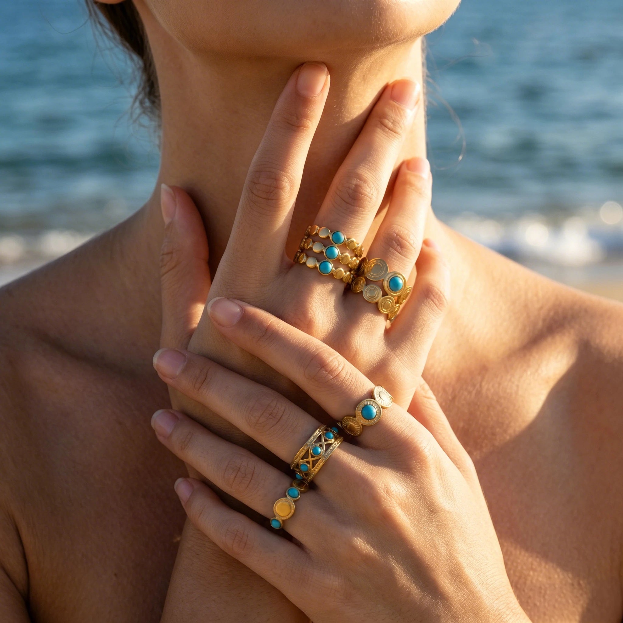 QIAOREN 13181-85 5Pcs Gold Stainless Steel Turquoise Open Ring Set Irregular Hammered Crown Adjustable Boho Stackable Rings
