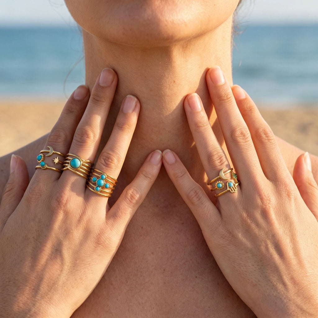 QIAOREN 5Pcs Gold Stainless Steel Turquoise Open Ring Set Irregular Hammered Crown Adjustable Boho Stackable Rings