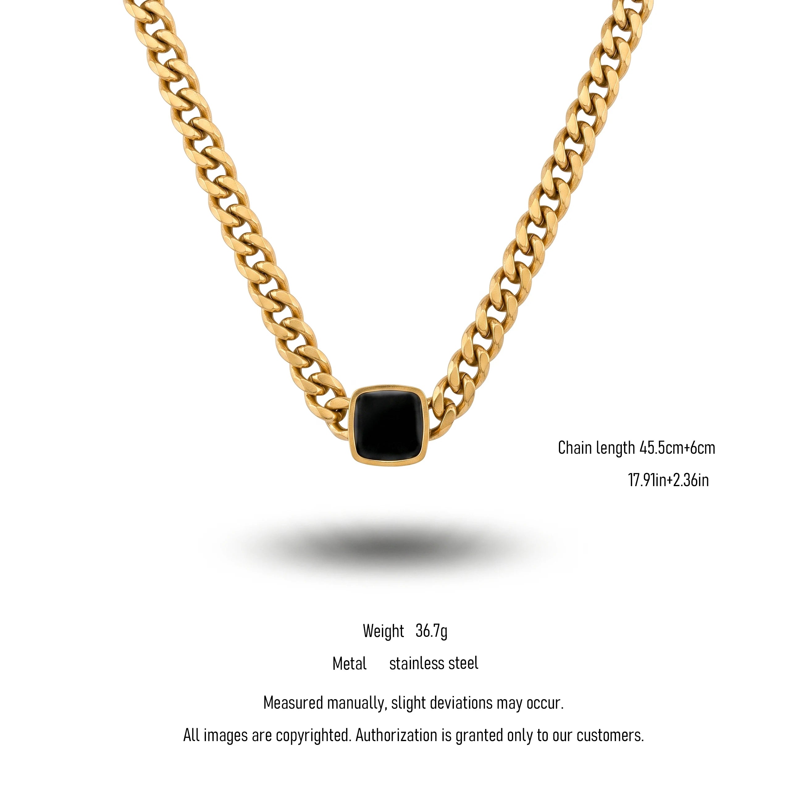 QIAOREN 10782 Vintage Black Geometric Pendant Cuban Link Necklace 18K Gold Plated Stainless Steel Waterproof  Style Jewelry
