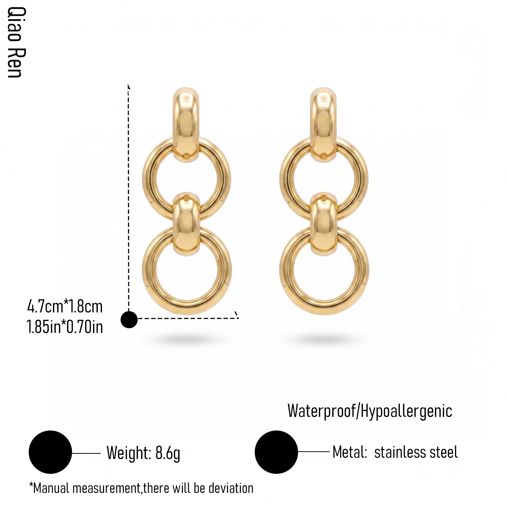 QIAOREN 14546 Triple Link Chain Ring Stud Earrings, Polished Thick Tube Interlocked Stud Earrings, Hypoallergenic Jewelry