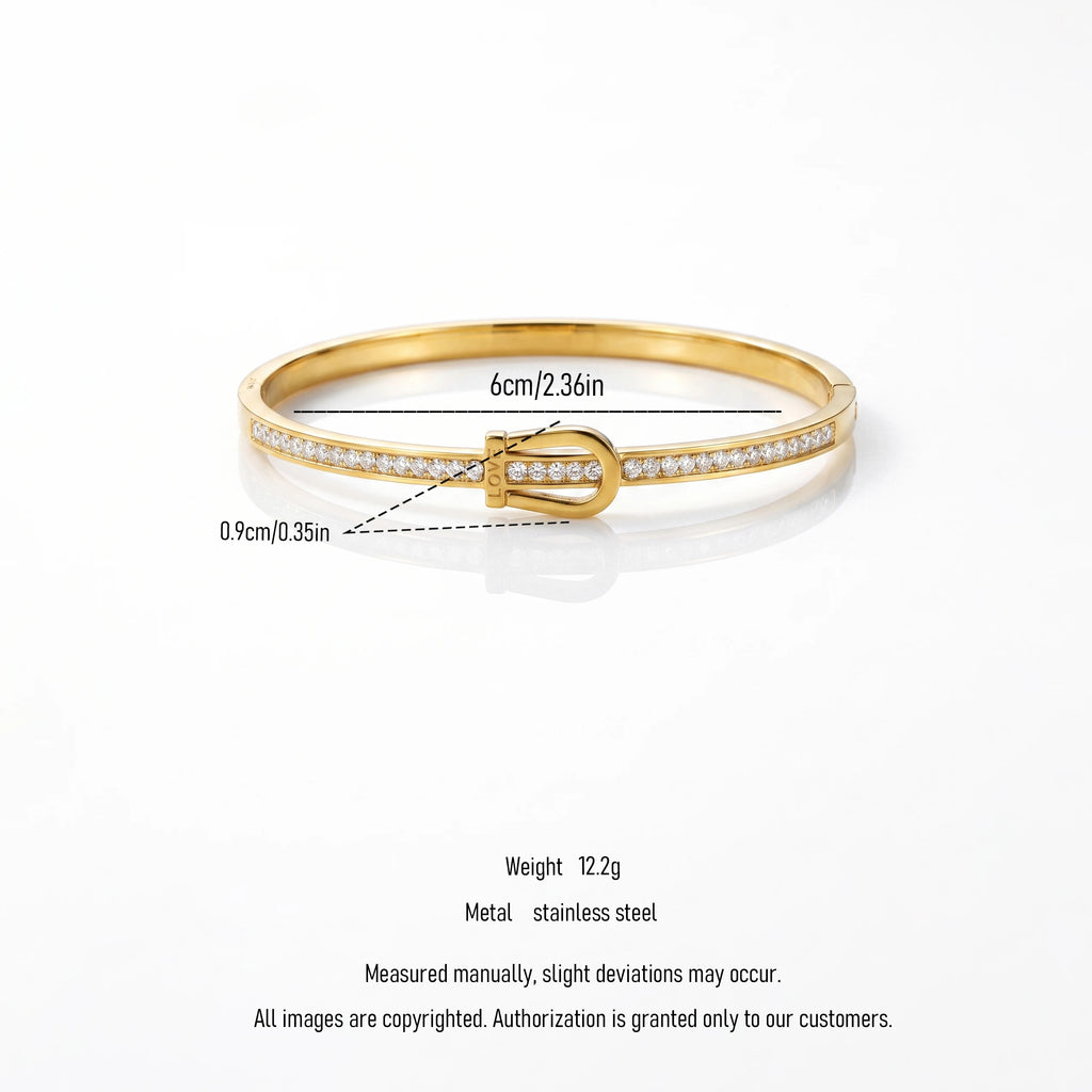 QIAOREN 13661 Polished Buckle Inlaid Clear Zircon Bangle Bracelet with Engraved LOVE Letter, Thin Gold Open Cuff Wrist Jewelry
