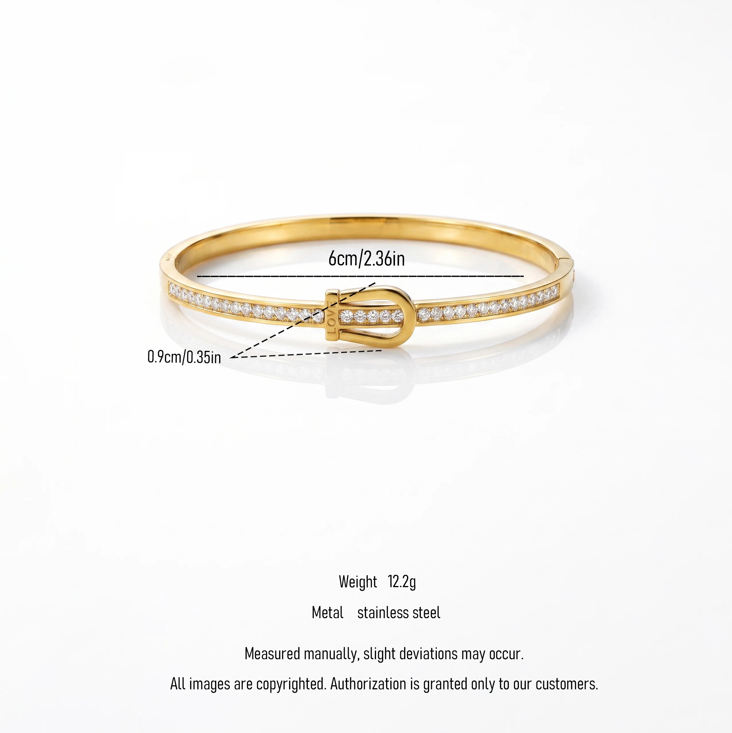QIAOREN 13661 Polished Buckle Inlaid Clear Zircon Bangle Bracelet with Engraved LOVE Letter, Thin Gold Open Cuff Wrist Jewelry