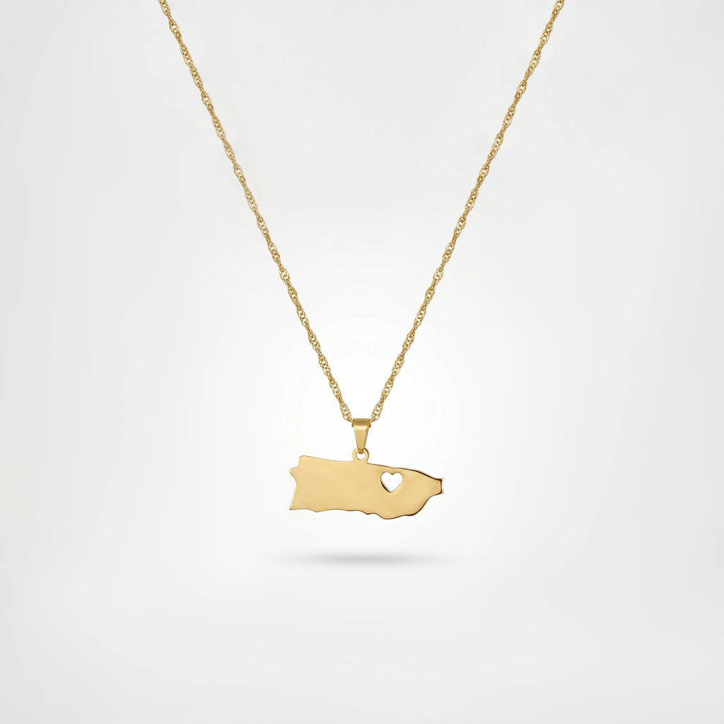 QIAOREN 12870 18KGoldPlated Puerto RicoMap Necklace StainlessSteel Island Heart Pendant Waterproof Tarnish Free Heritage Jewelry